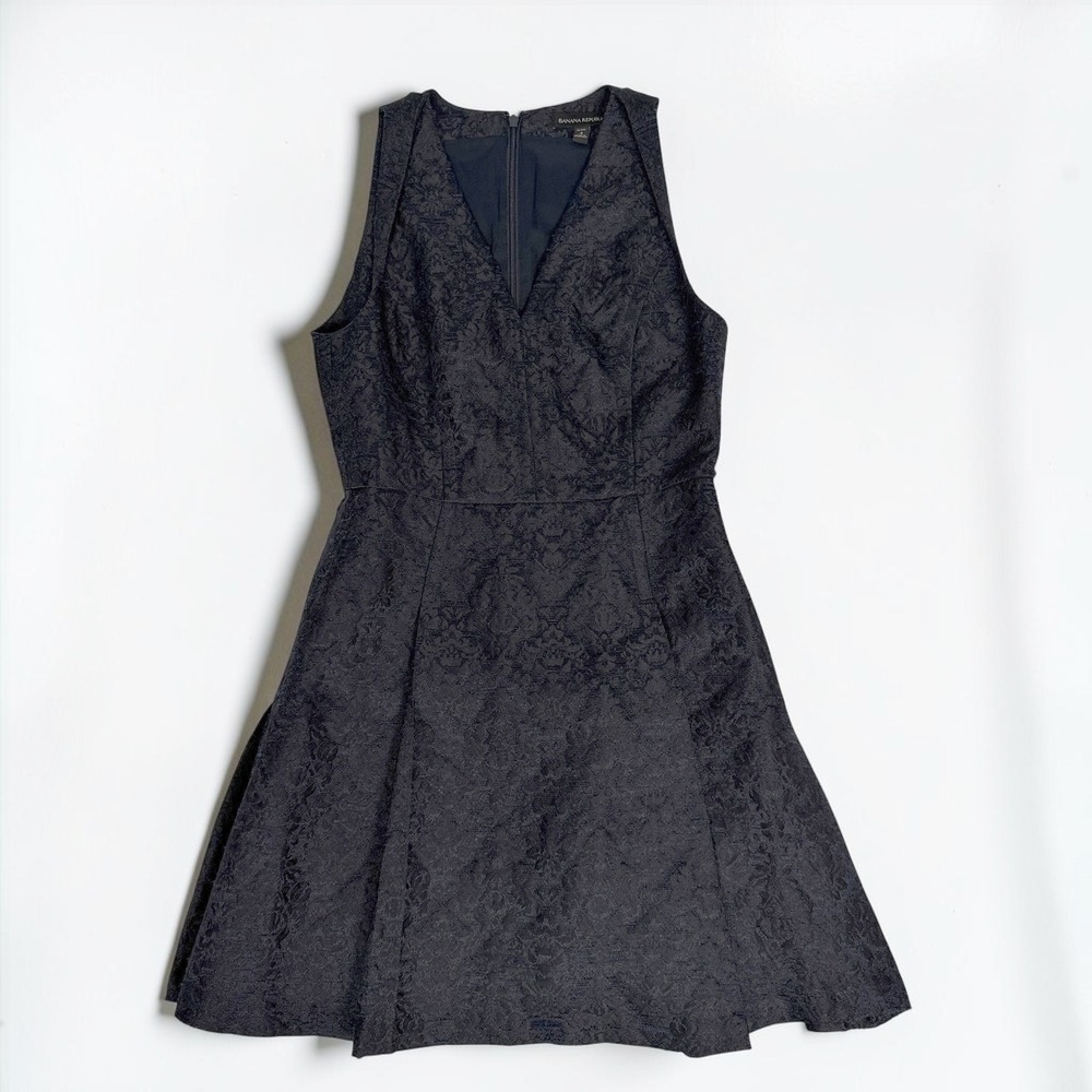 Banana Republic Navy Blue Damask Jacquard Fit and Flare Dress Petite 4